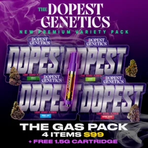 The Gas Pack: 1/2oz flower variety PLUS bonus FREE 1.5g cartridge: Save over $60. Exclusive strains