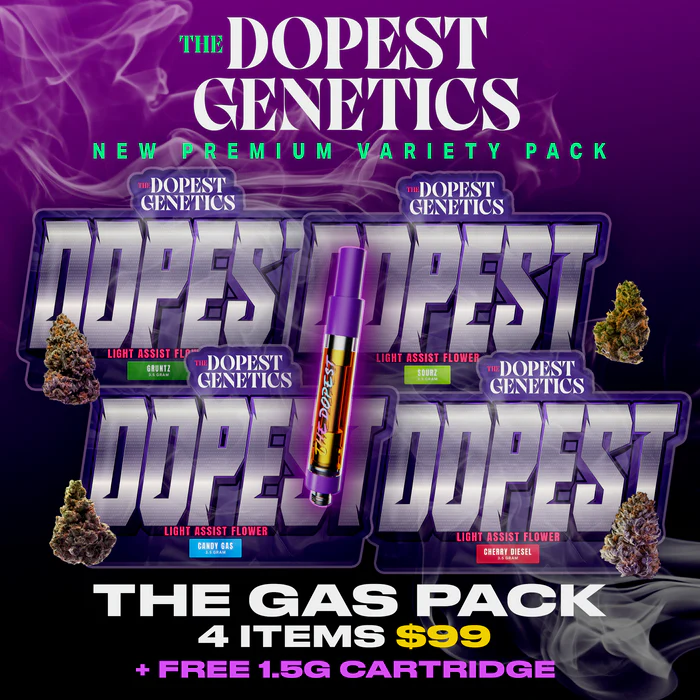 The Gas Pack: 1/2oz flower variety PLUS bonus FREE 1.5g cartridge: Save over $60. Exclusive strains